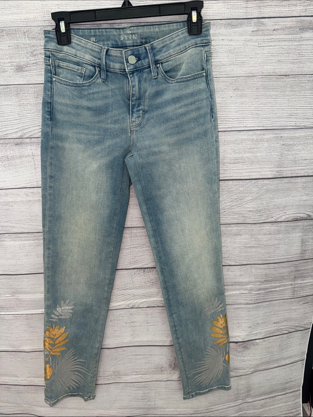 White House Black Market Light Blue Slim Crop Jeans with Yellow Floral Detail